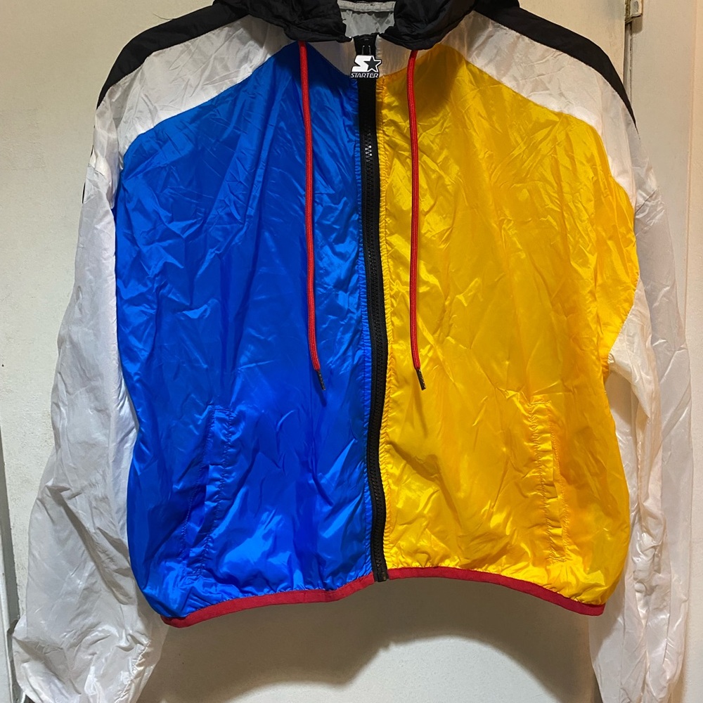 STARTER Blue, white, red, black and Yellow Windbreaker hoodie zip Jacket medium